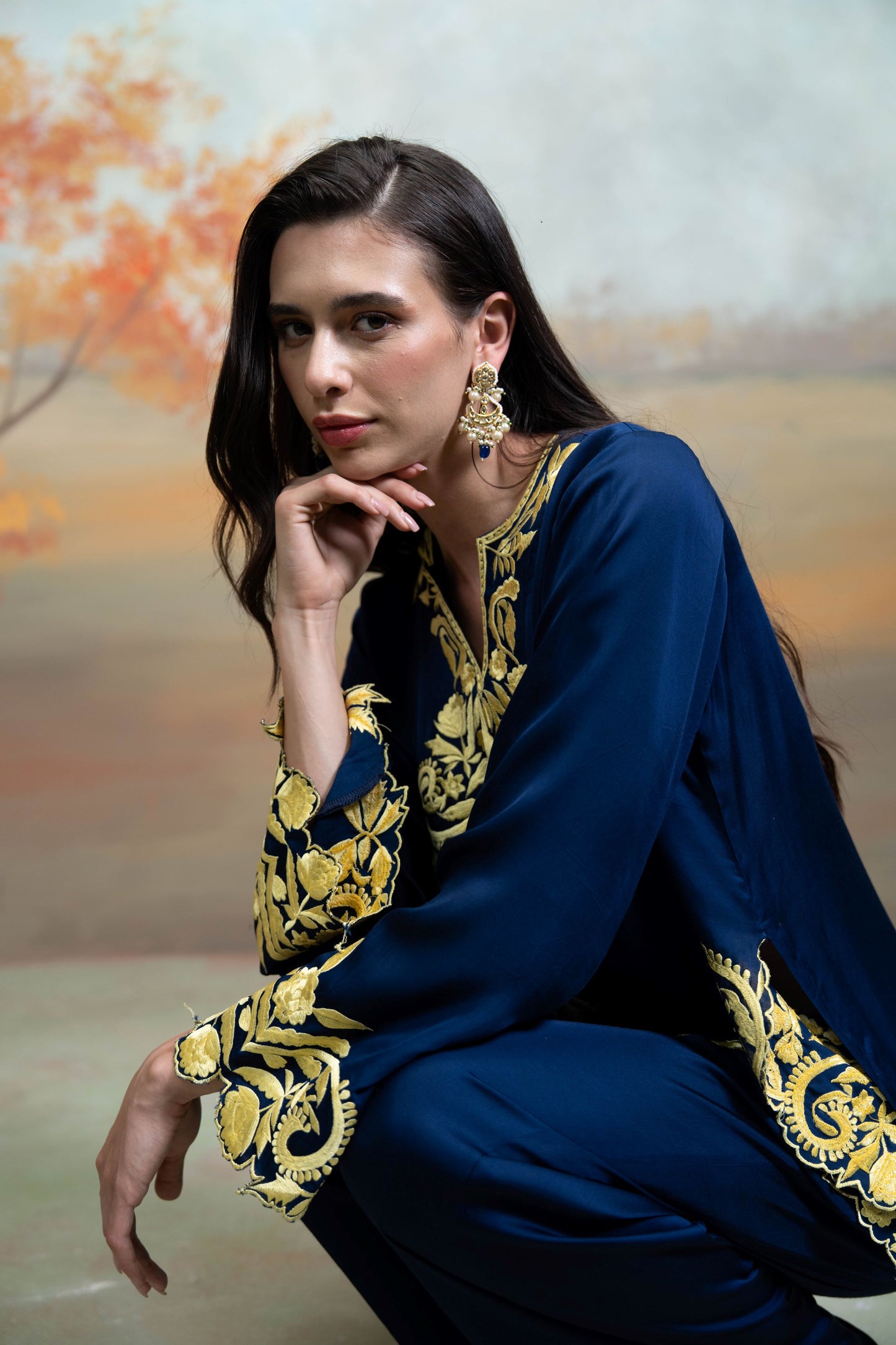 Dark Blue Embroidery Cotton Silk Kurta Set 2 Pcs