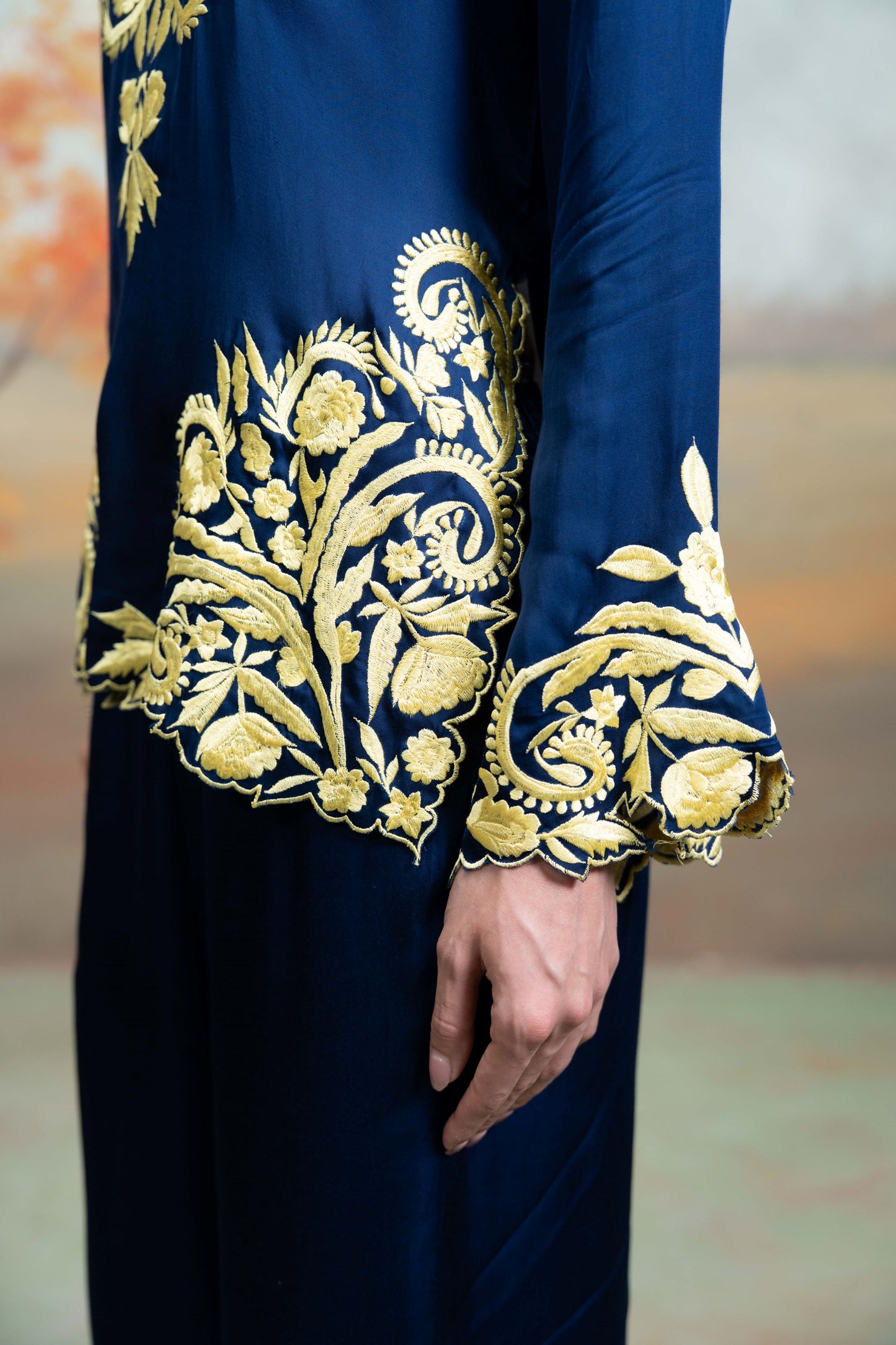 Dark Blue Embroidery Cotton Silk Kurta Set 2 Pcs