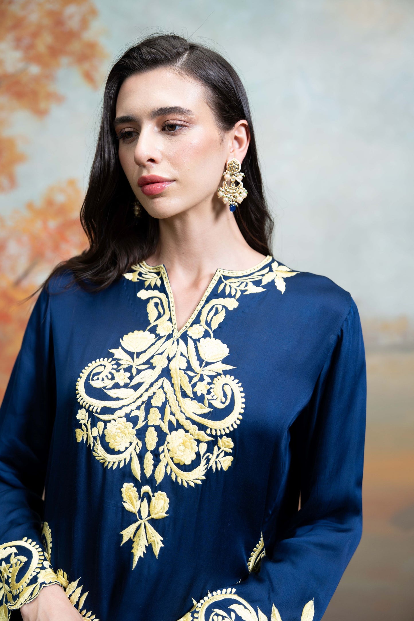 Dark Blue Embroidery Cotton Silk Kurta Set 2 Pcs