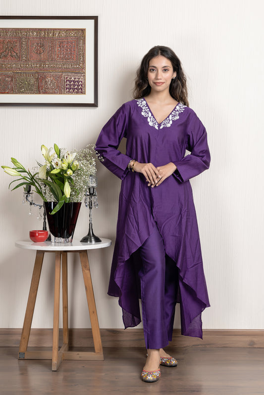 Purple chanderi assymetrical kurta with floral embroidery paired with Chanderi pants