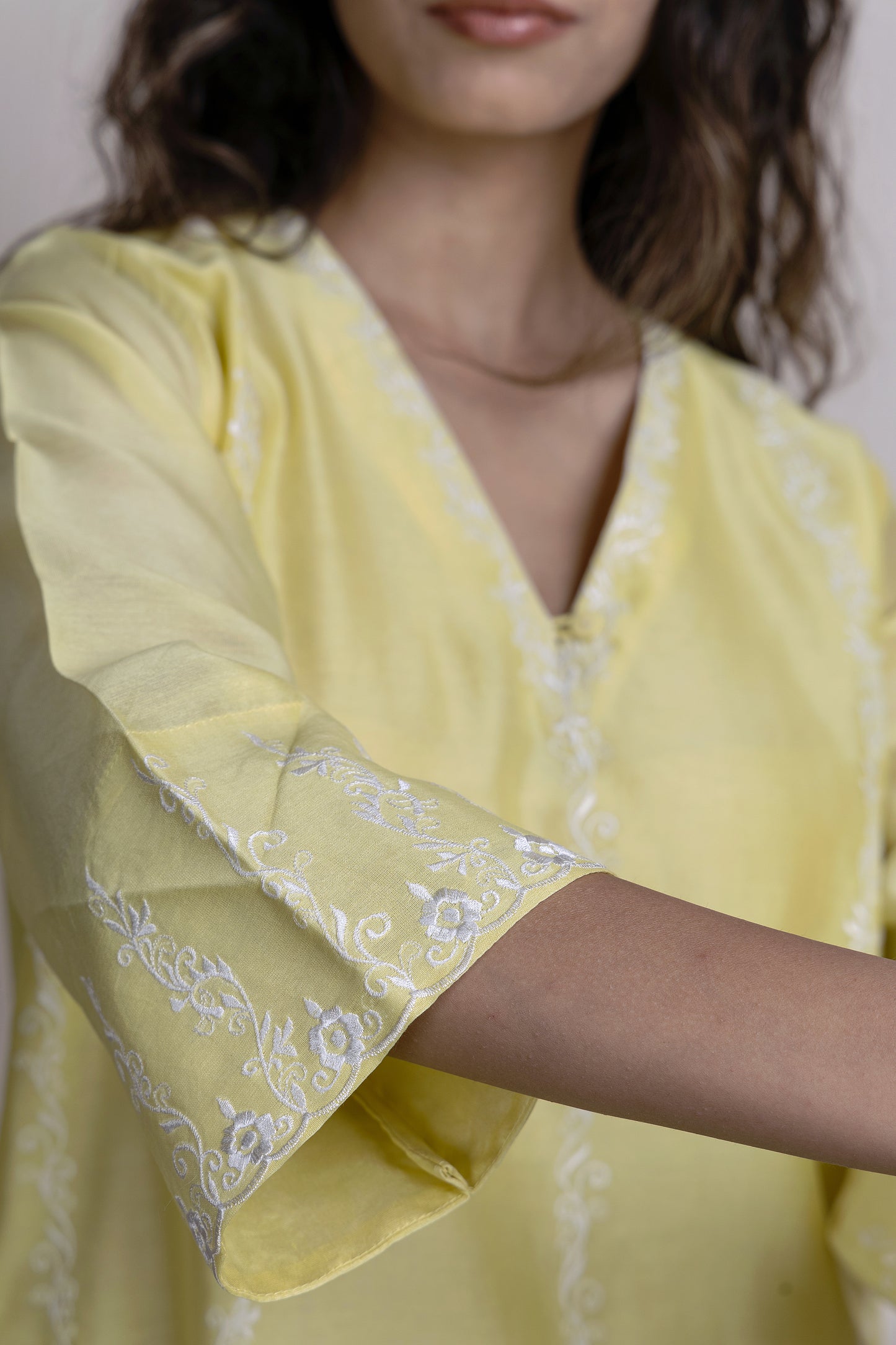 Yellow chanderi embroidered kurta paired with Chanderi pants