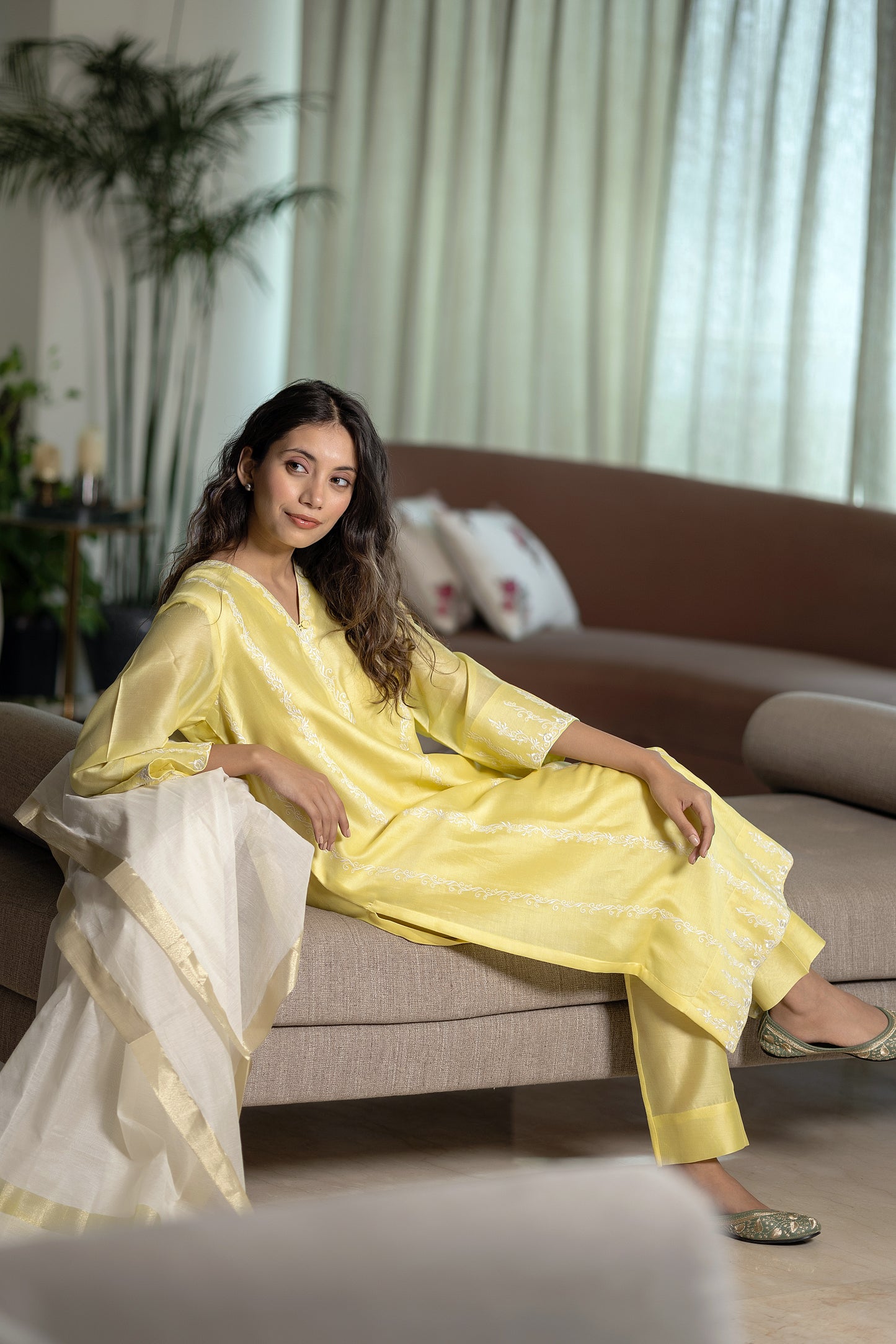Yellow chanderi embroidered kurta paired with Chanderi pants