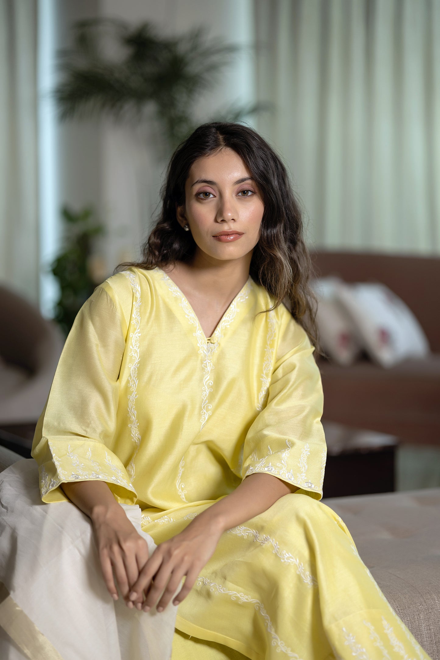 Yellow chanderi embroidered kurta paired with Chanderi pants