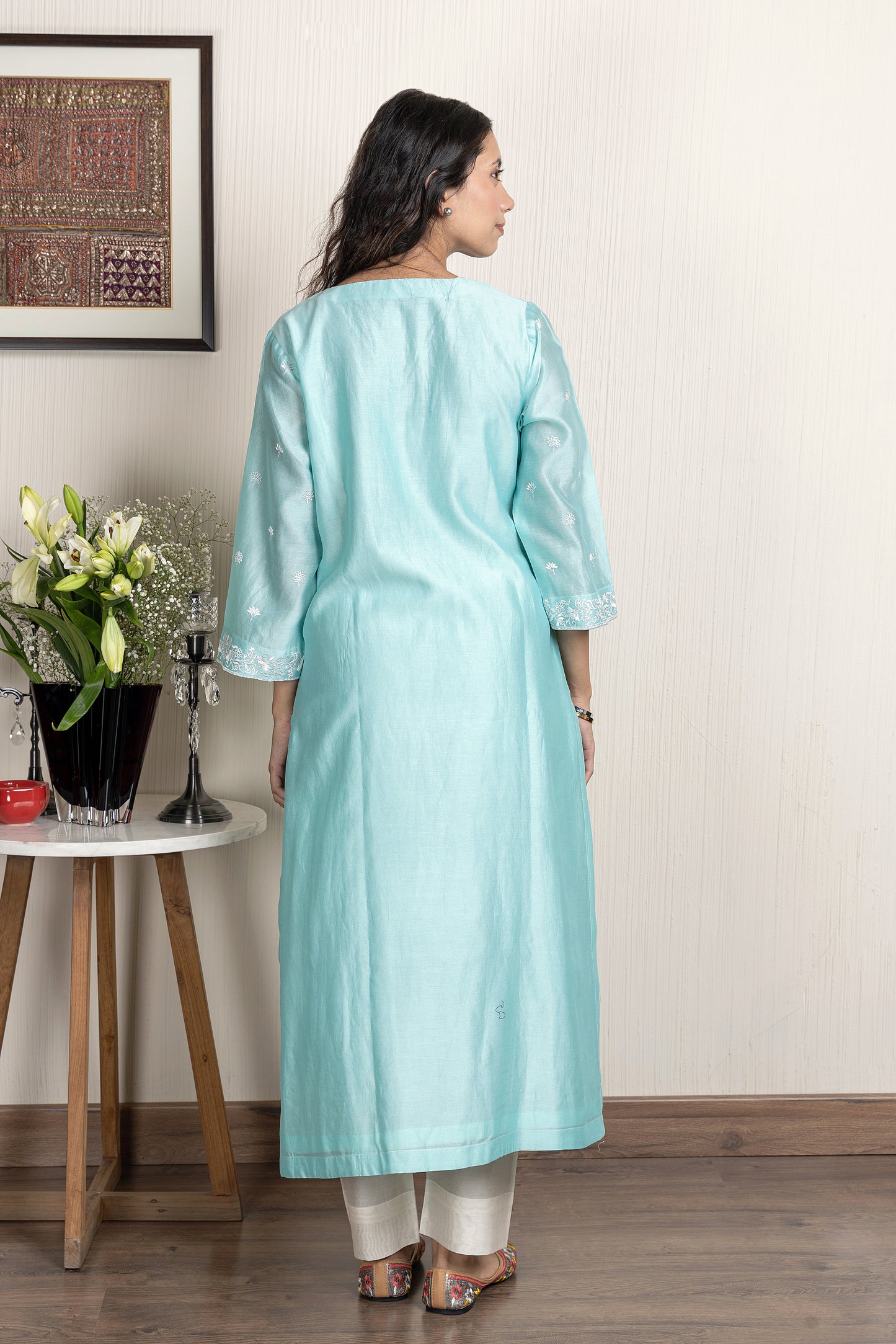 Sea Green embroidered Chanderi kurta paired with chanderi pants and dupatta