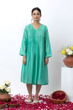 Load image into Gallery viewer, EMERALD GREEN CHANDERI DRESS
