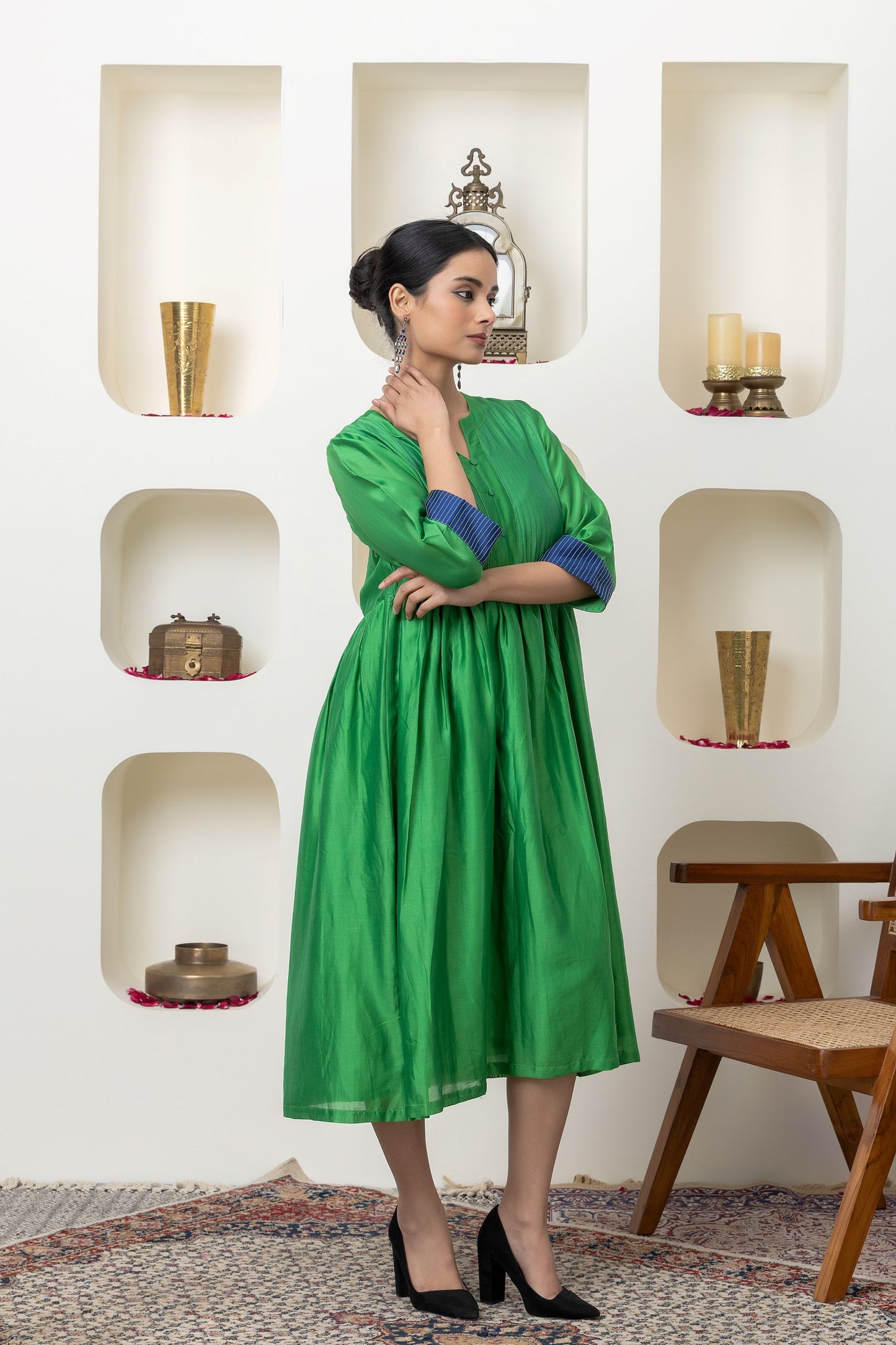 Bottle green chanderi dress