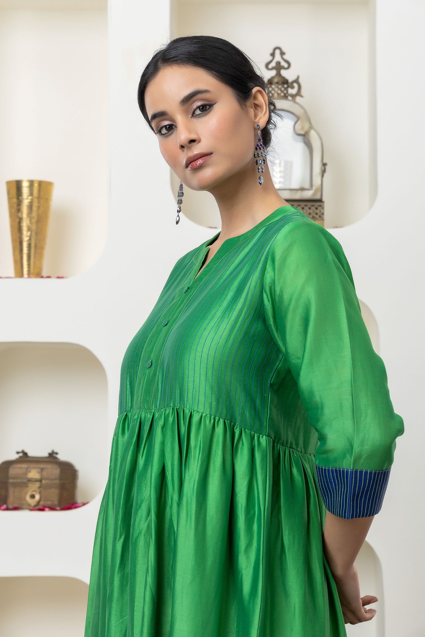 Bottle green chanderi dress