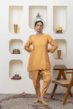 Load image into Gallery viewer, MUSTARD CHANDERI TUNIC AND DHOTI
