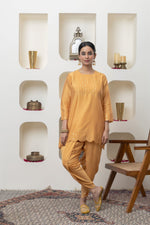 Load image into Gallery viewer, MUSTARD CHANDERI TUNIC AND DHOTI
