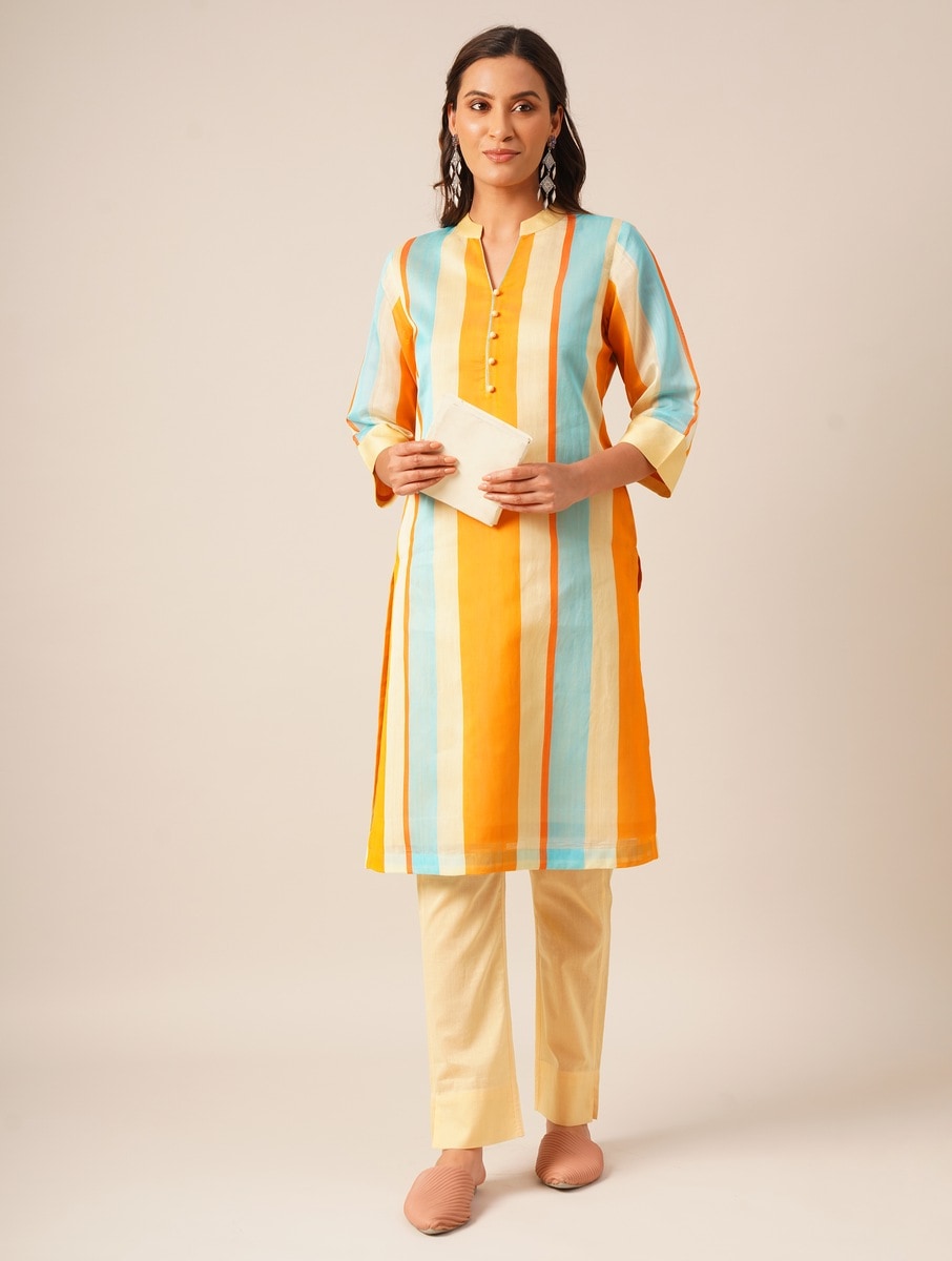 Multi coloured handwoven chanderi stripes kurta paired with cotton pants