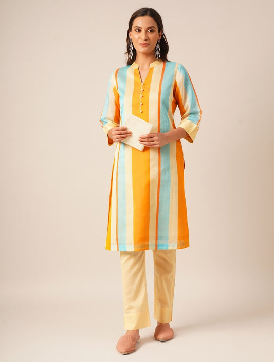 Multi coloured handwoven chanderi stripes kurta paired with cotton pants