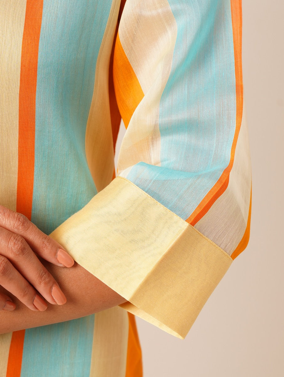 Multi coloured handwoven chanderi stripes kurta paired with cotton pants