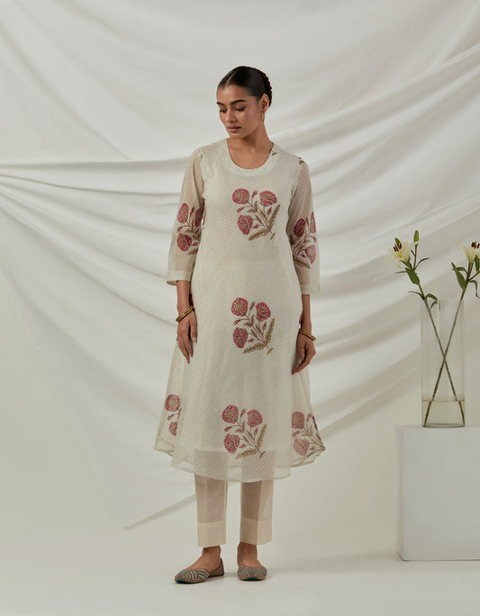 Hand woven Chanderi stripes printed kurta Ivory and pants