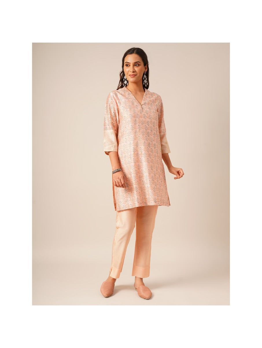 Pink chanderi handblock printed kurta with chanderi pants