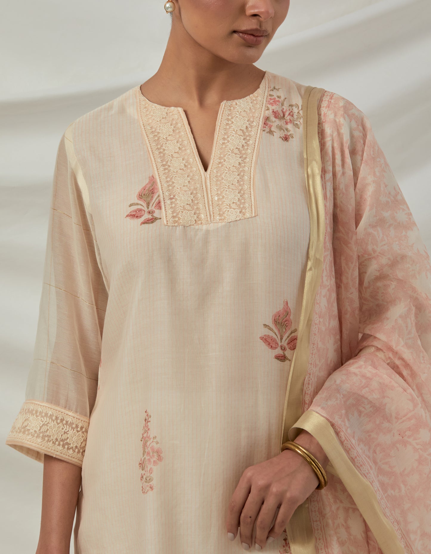 Hand woven Chanderi stripes printed kurta