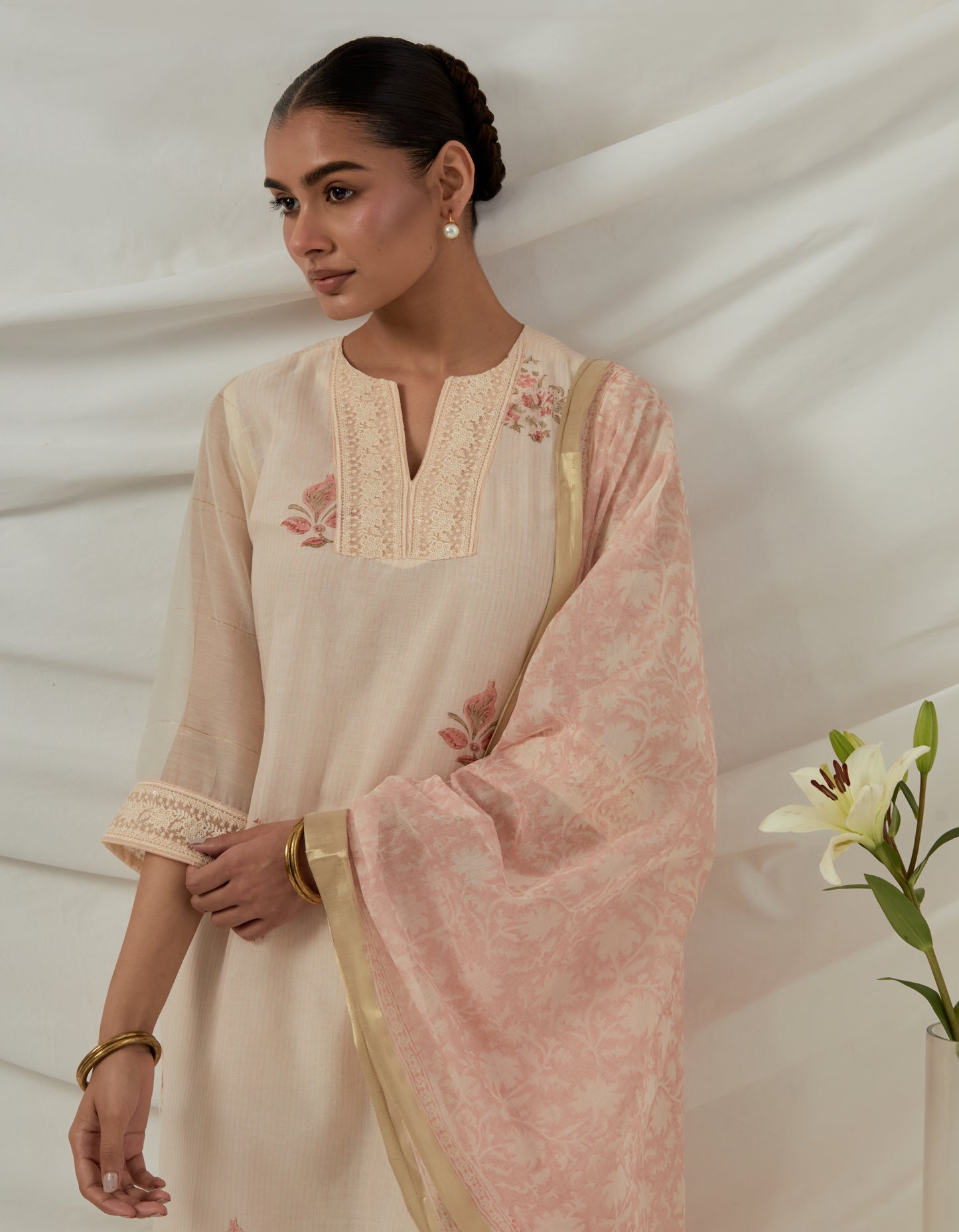 Hand woven Chanderi stripes printed kurta