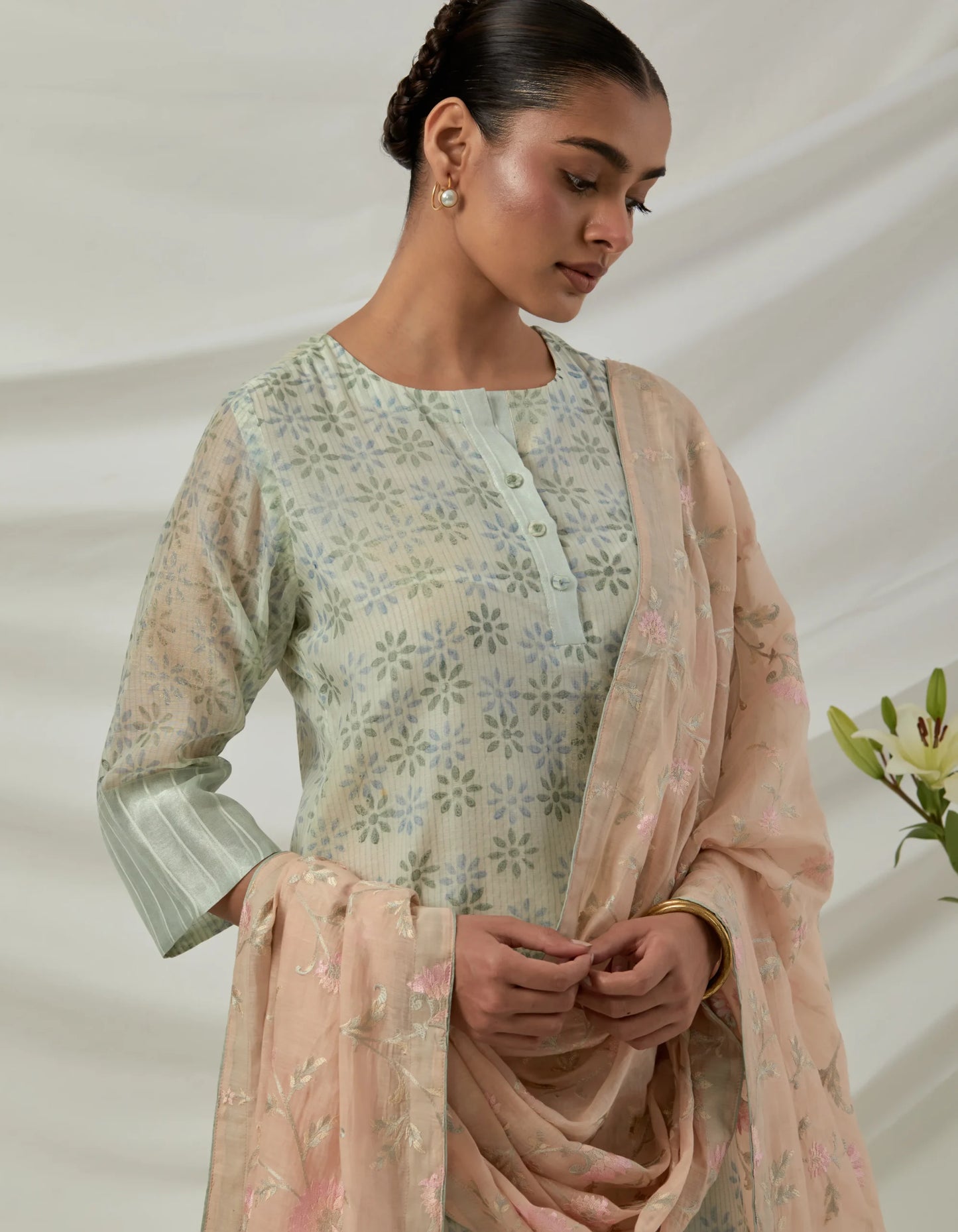 Hand woven Chanderi stripes printed kurta
