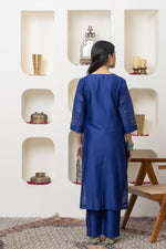 Load image into Gallery viewer, Navy blue hand embroidered chanderi kurta set

