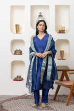 Load image into Gallery viewer, Navy blue hand embroidered chanderi kurta set
