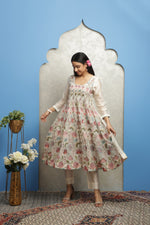 Load image into Gallery viewer, EMBROIDERED CHANDERI ANARKALI WITH CHANDERI PANTS AND DUPATTA
