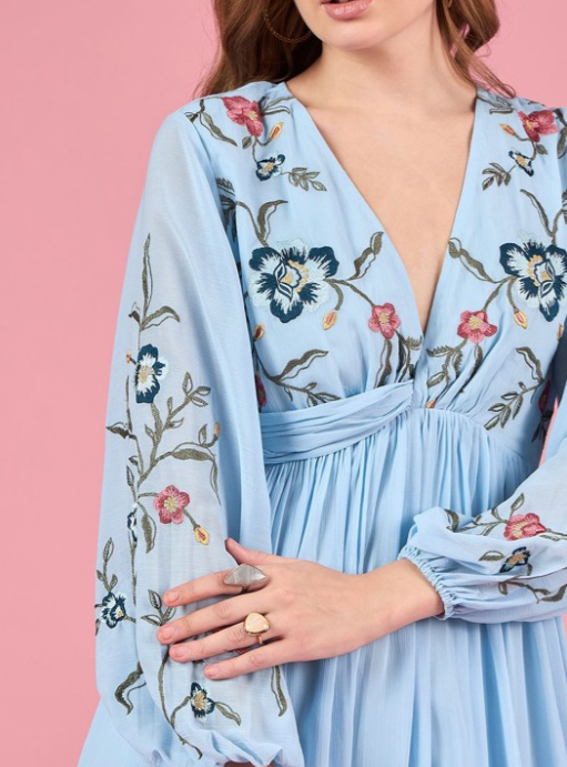 Floral Embroidered Puff Sleeve Chiffon Fit & Flare Midi Dress