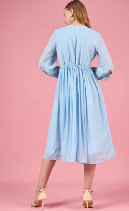 Floral Embroidered Puff Sleeve Chiffon Fit & Flare Midi Dress