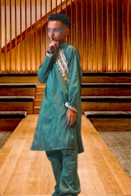 Shera - Green Boys Silk Kurta with Blue Pyajama Set
