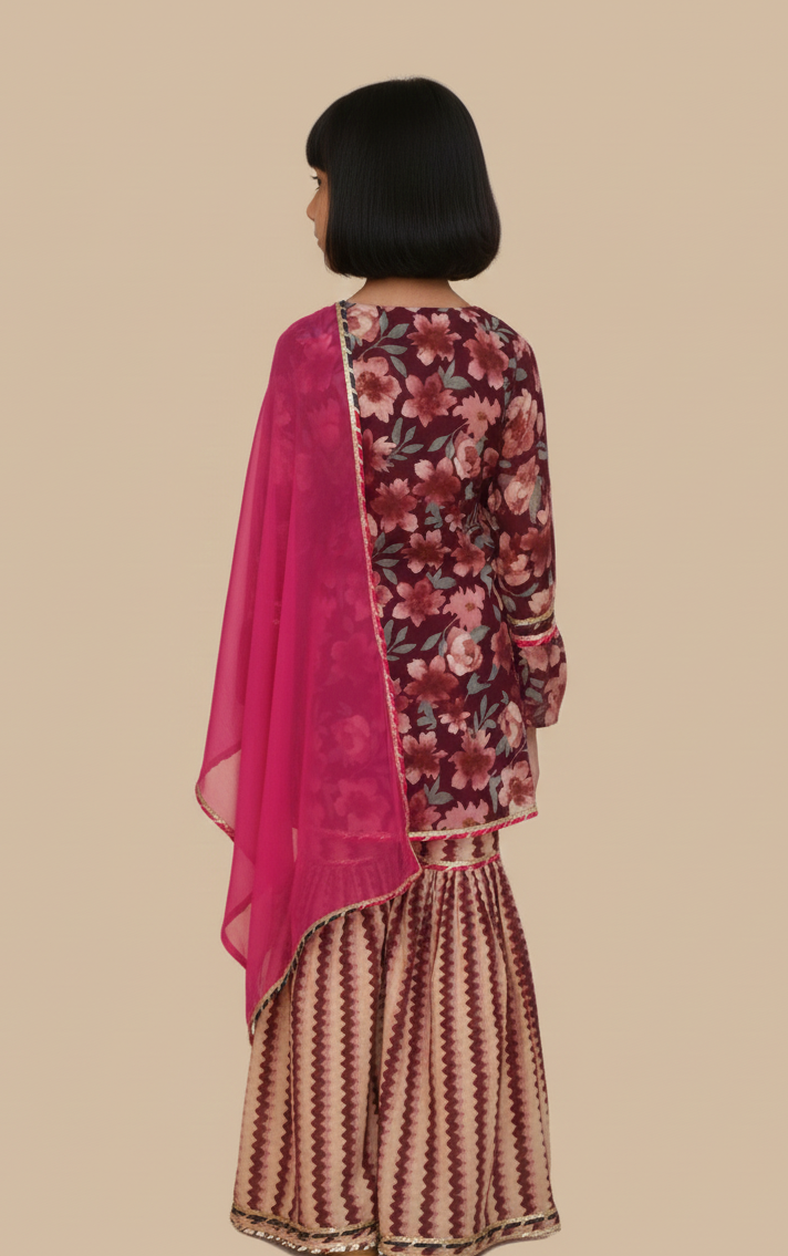 Girls wine floral sharara set