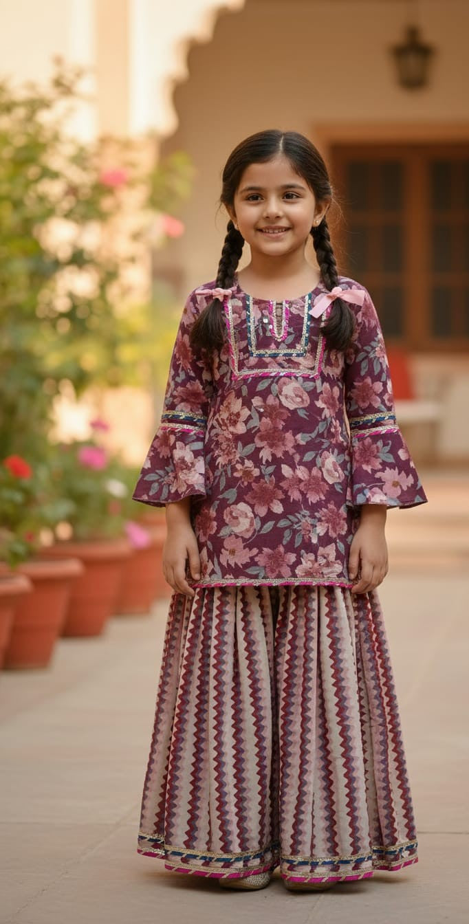 Girls wine floral sharara set