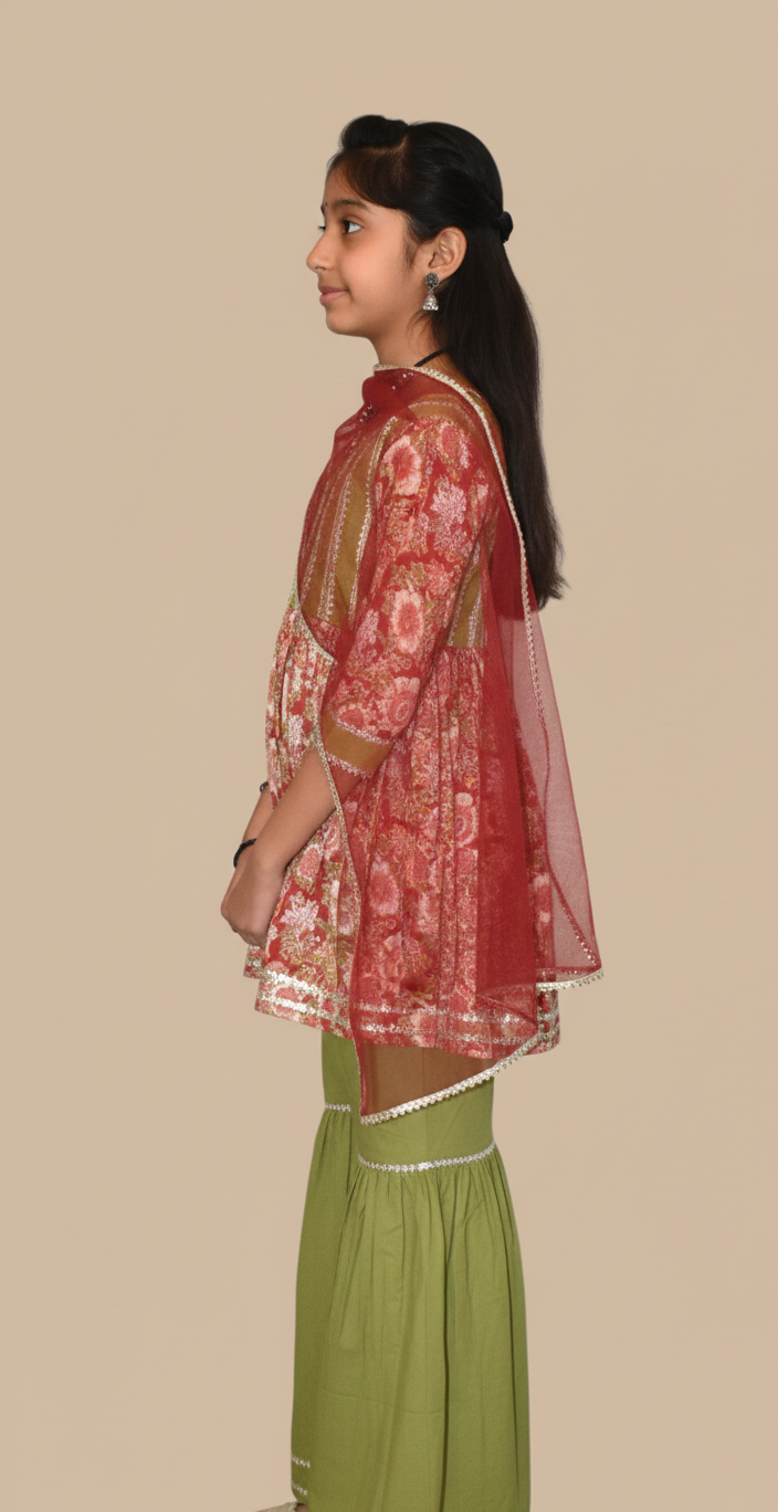 Girls floral red and green sharara set