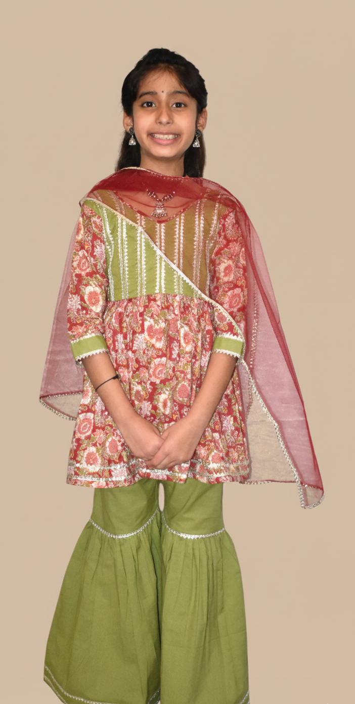 Girls floral red and green sharara set