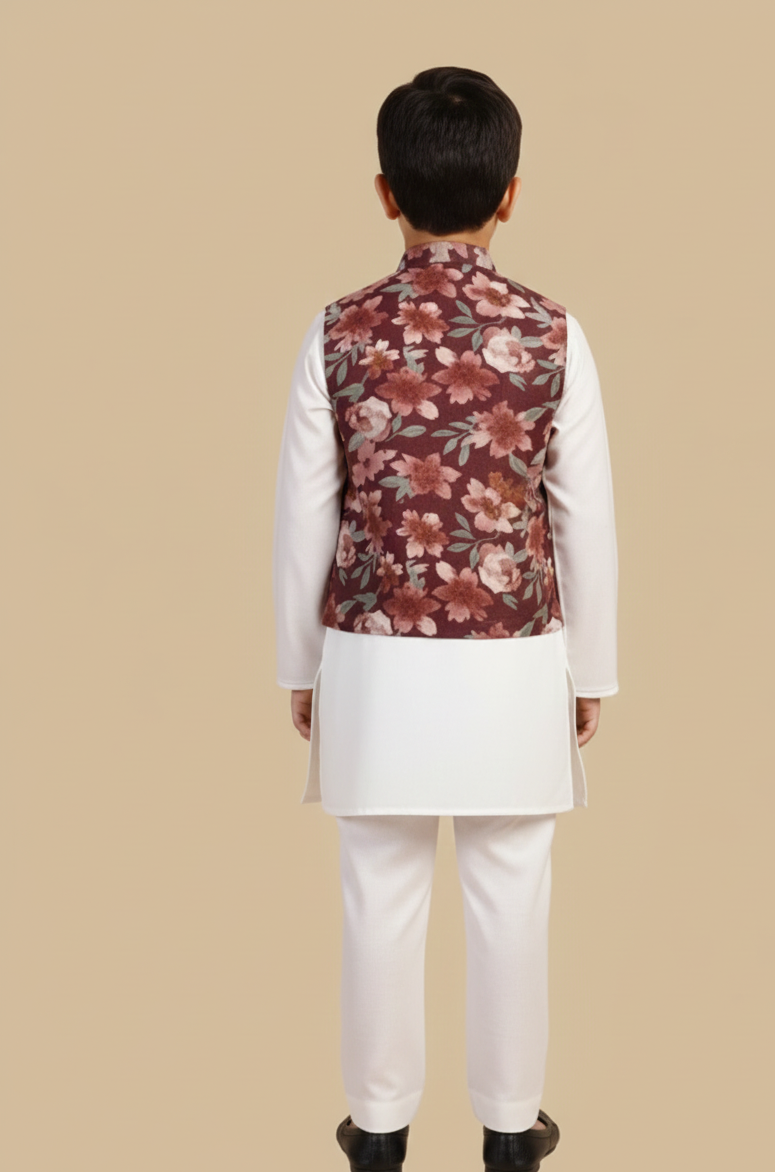 White Kurta Payjama with Floral Jacket