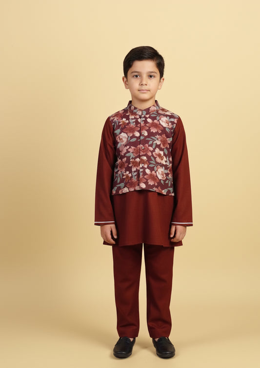 Red Kurta Payjama with Floral Jacket