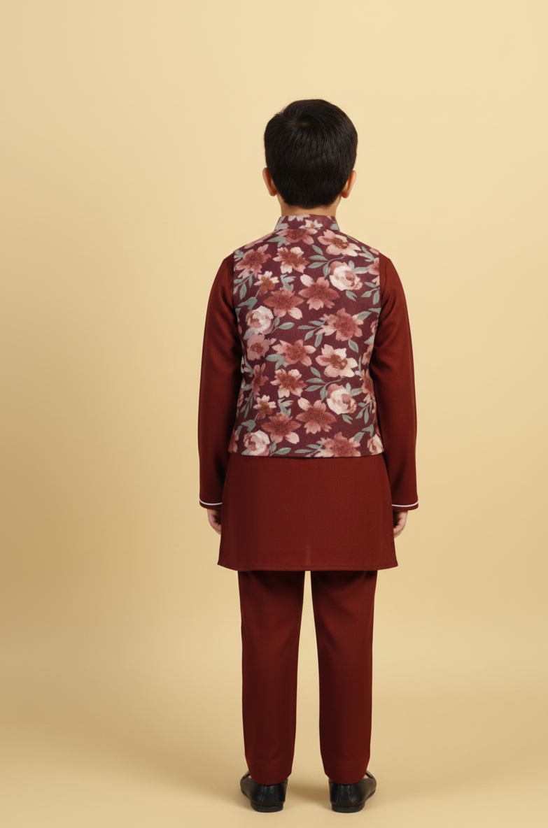 Red Kurta Payjama with Floral Jacket