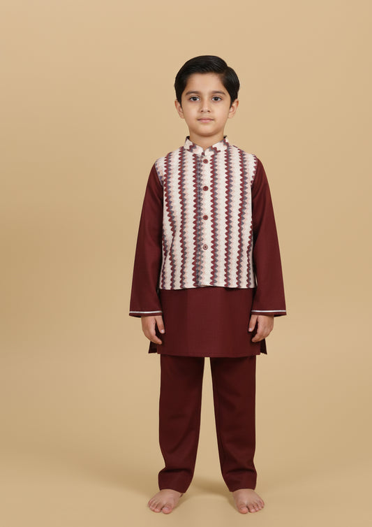 Red Kurta Payjama with zig zag Jacket