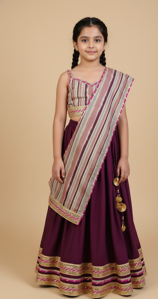 Burgundy lehenga with striped blouse and dupatta