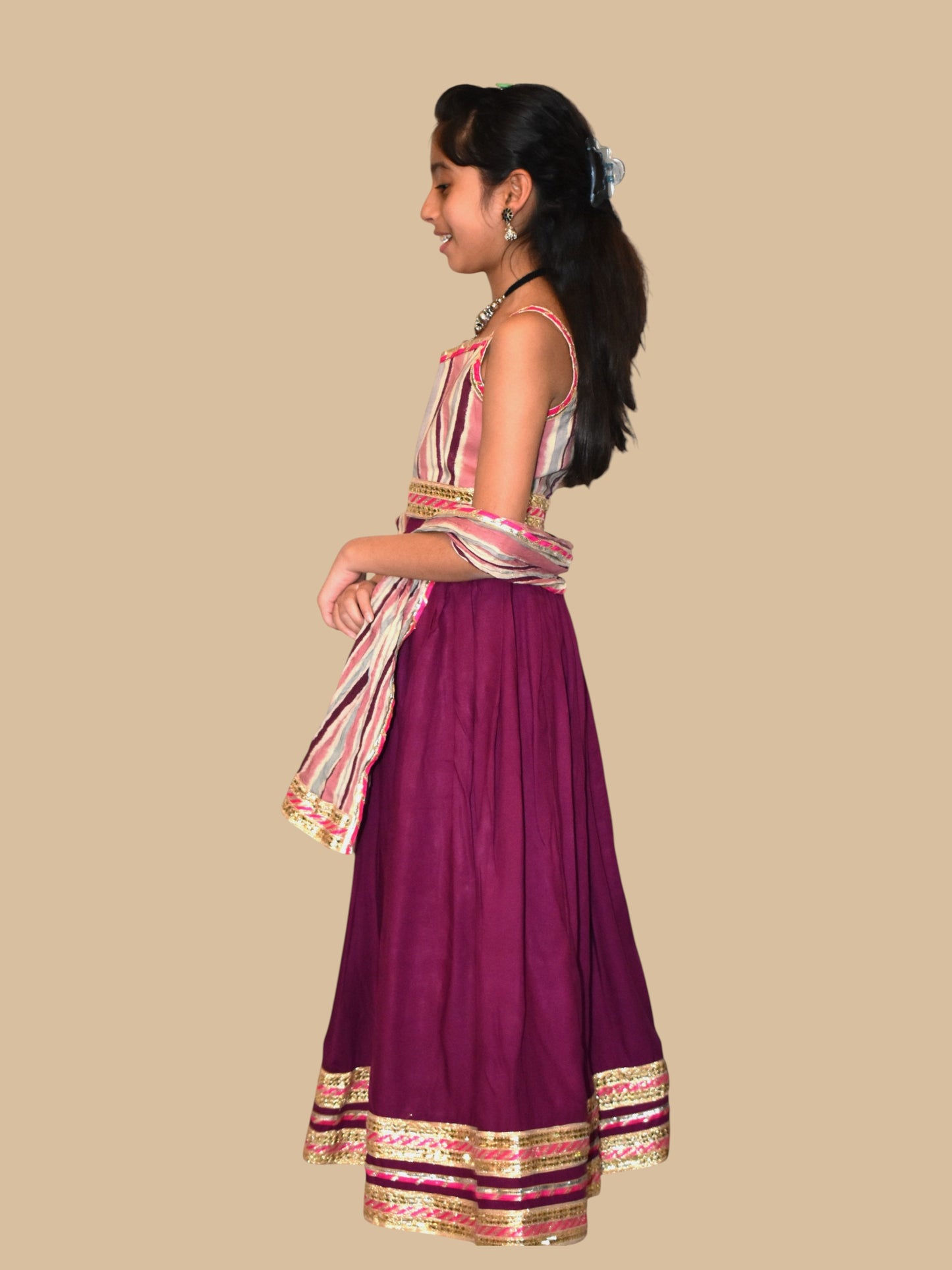 Burgundy lehenga with striped blouse and dupatta