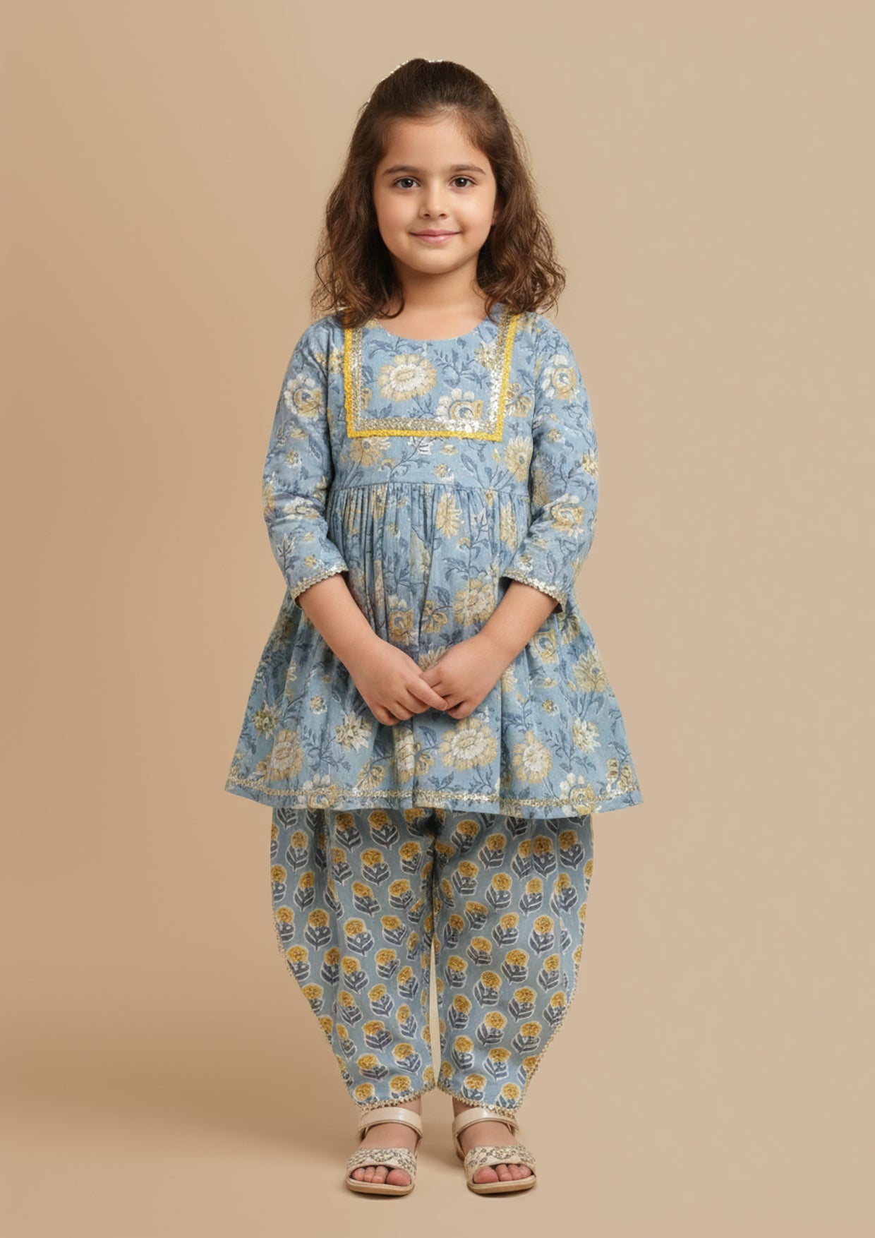 Blue printed peplum co-ord set for girls