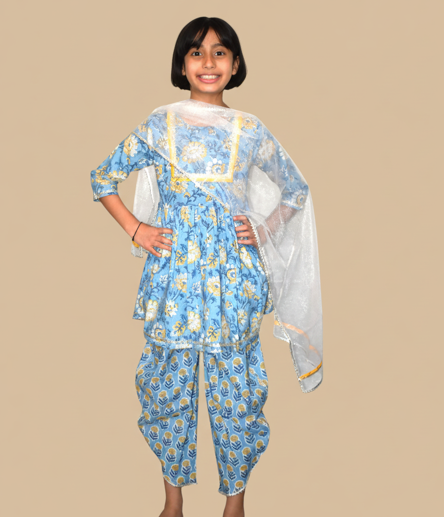 Blue printed peplum co-ord set for girls