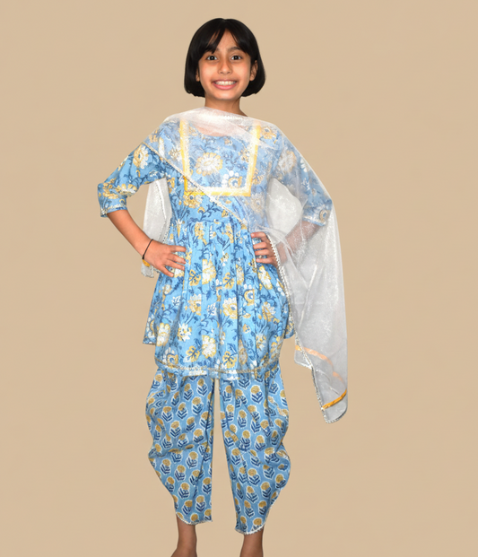 Blue printed peplum co-ord set for girls
