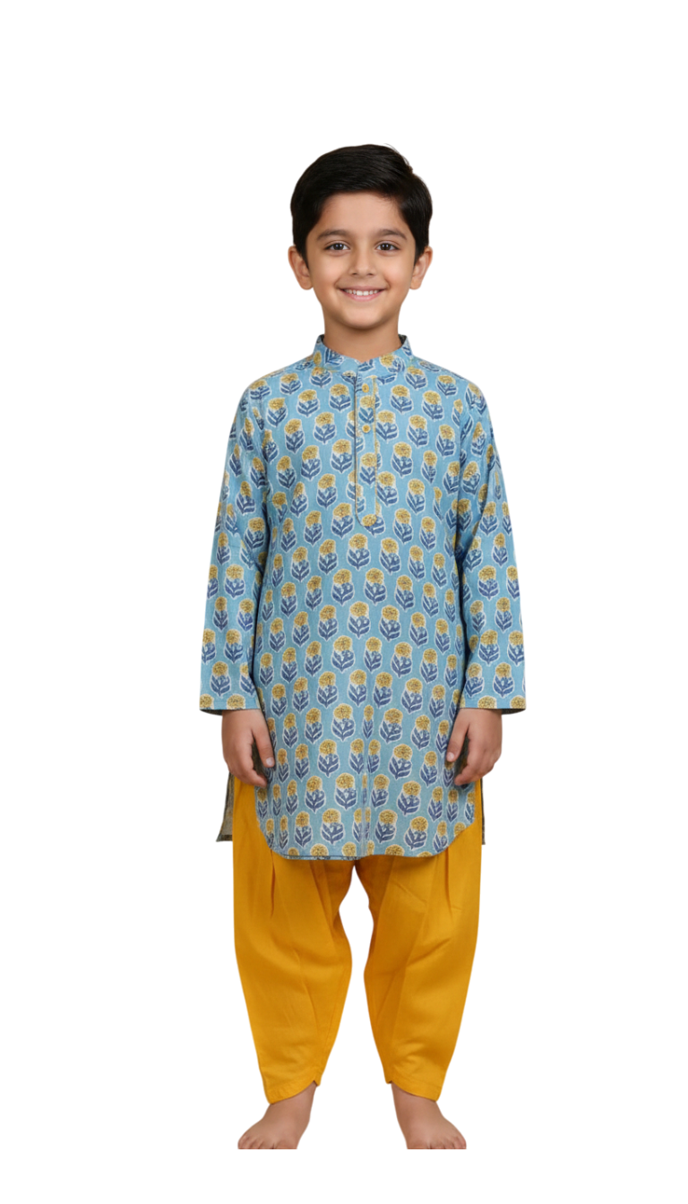 Blue floral kurta with yellow payjama