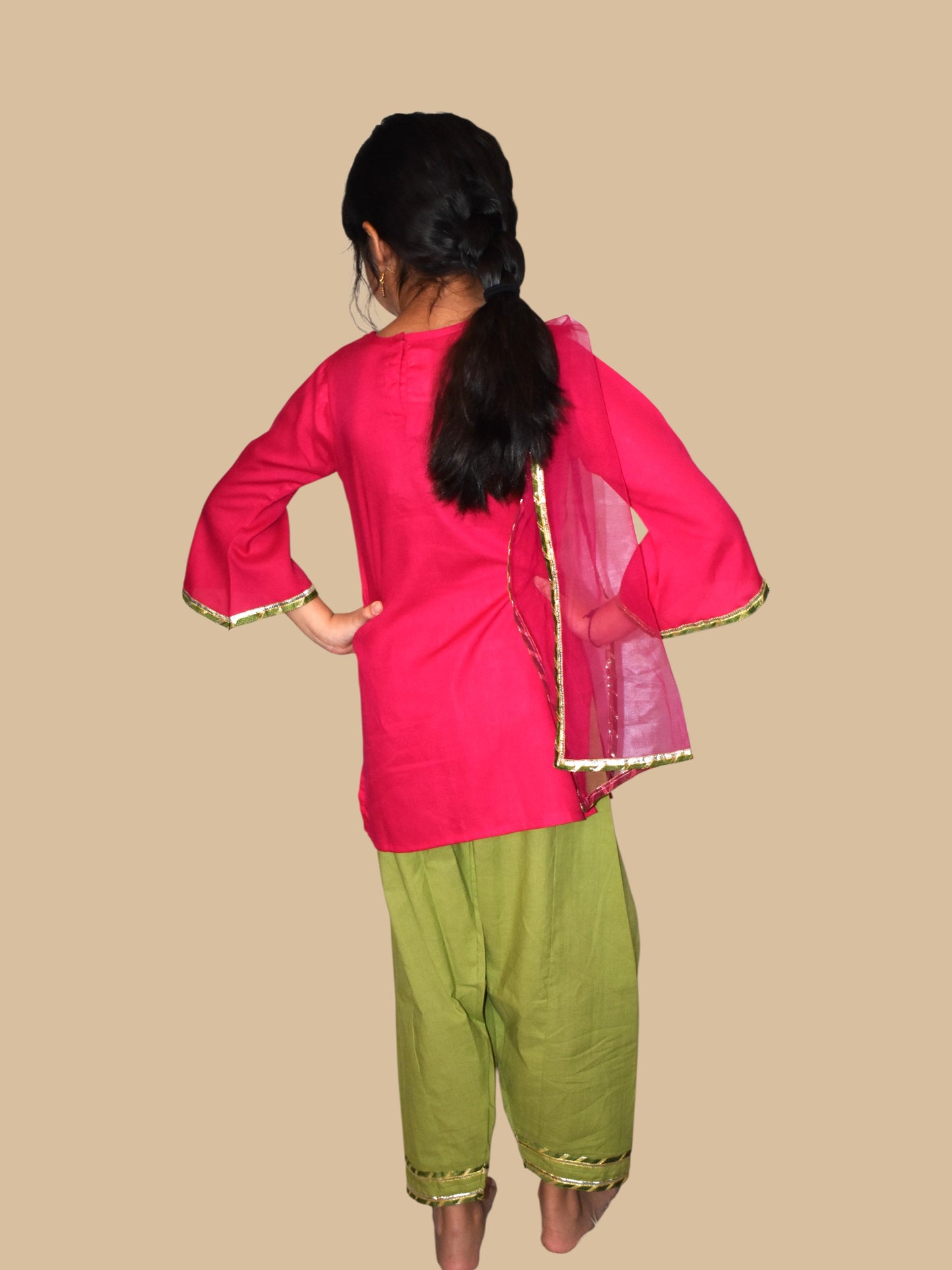 Pink kurta with green payjama and dupatta set