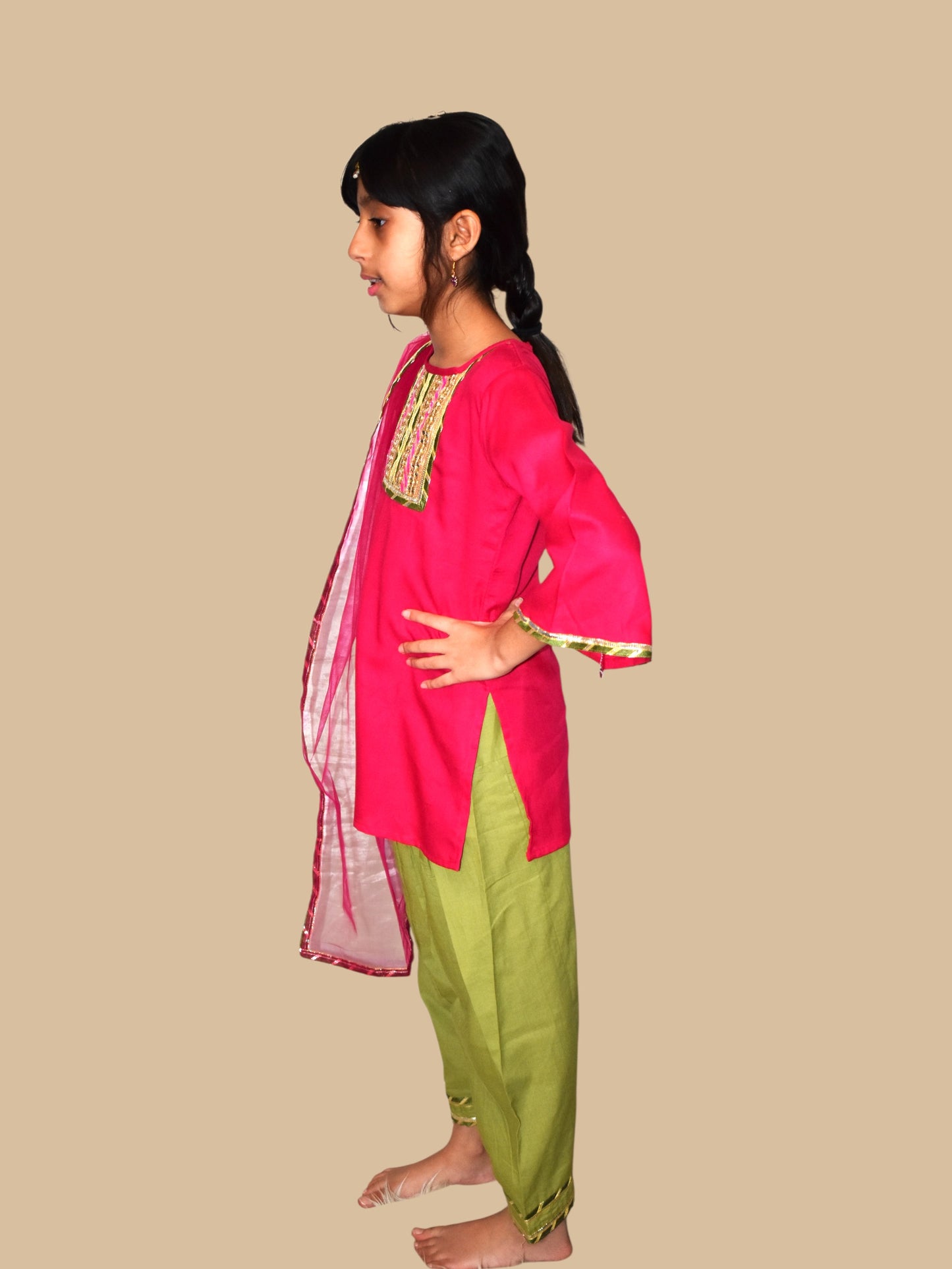 Pink kurta with green payjama and dupatta set