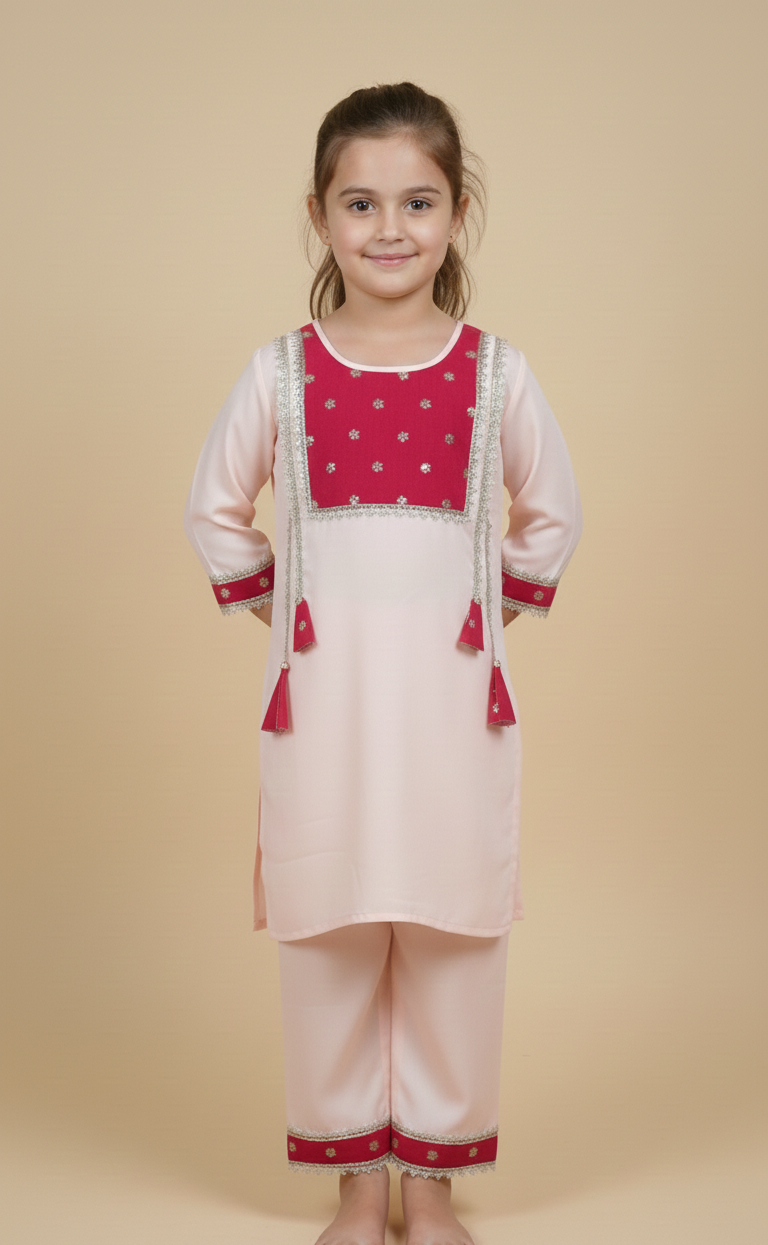 Pink kurta payjama with maroon dupatta set of 3