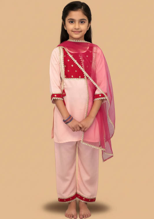 Pink kurta payjama with maroon dupatta set of 3