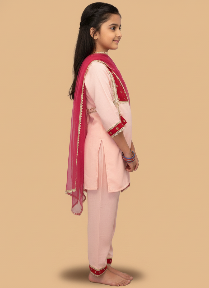 Pink kurta payjama with maroon dupatta set of 3