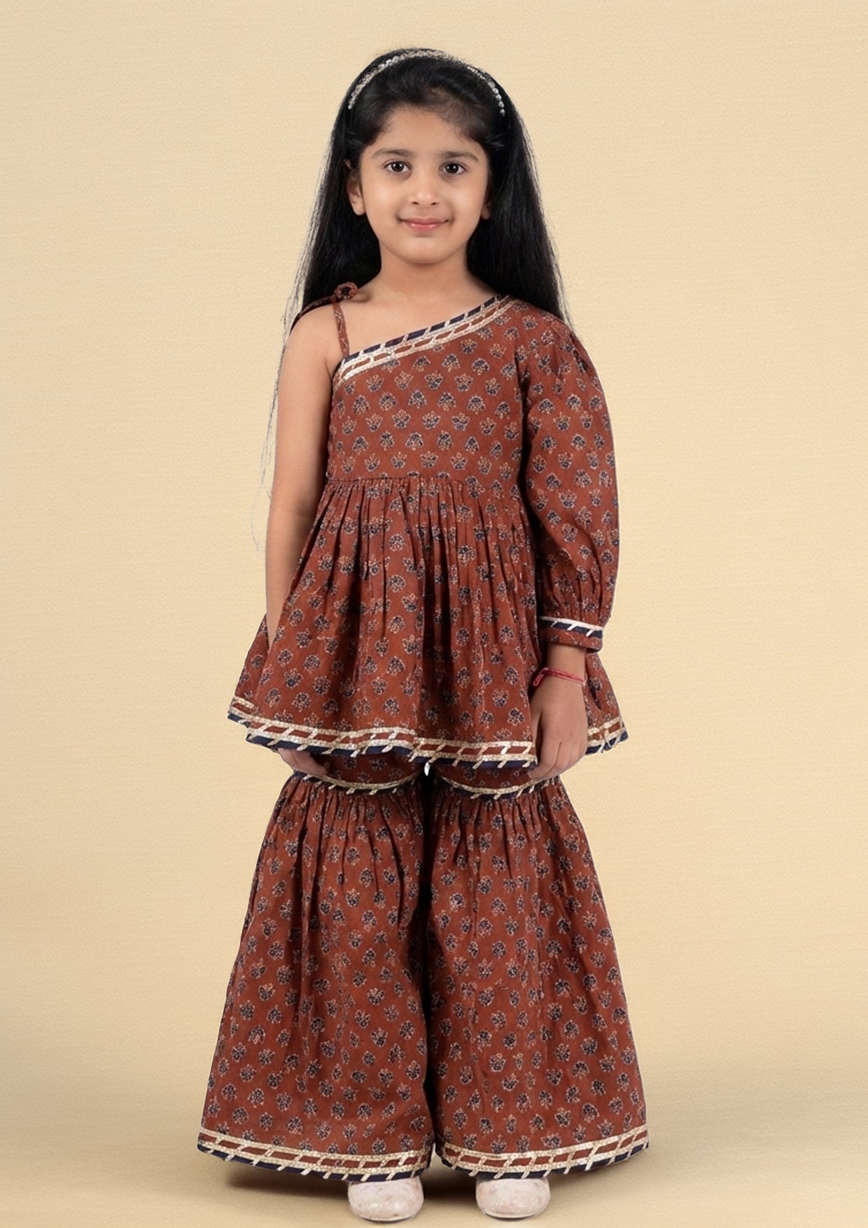 Maroon booti off shoulder printed peplum coord set for girls