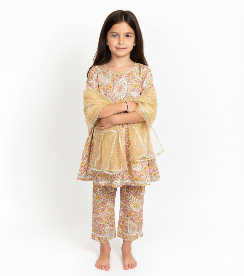 Beige paisley coord set with a gold dupatta