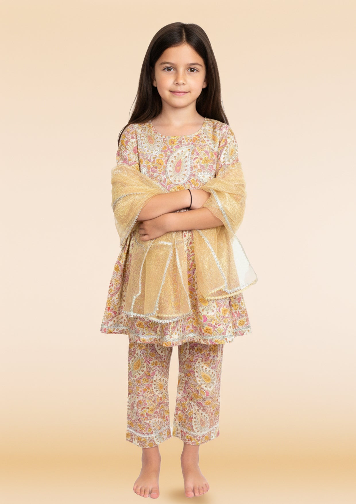 Beige paisley coord set with a gold dupatta