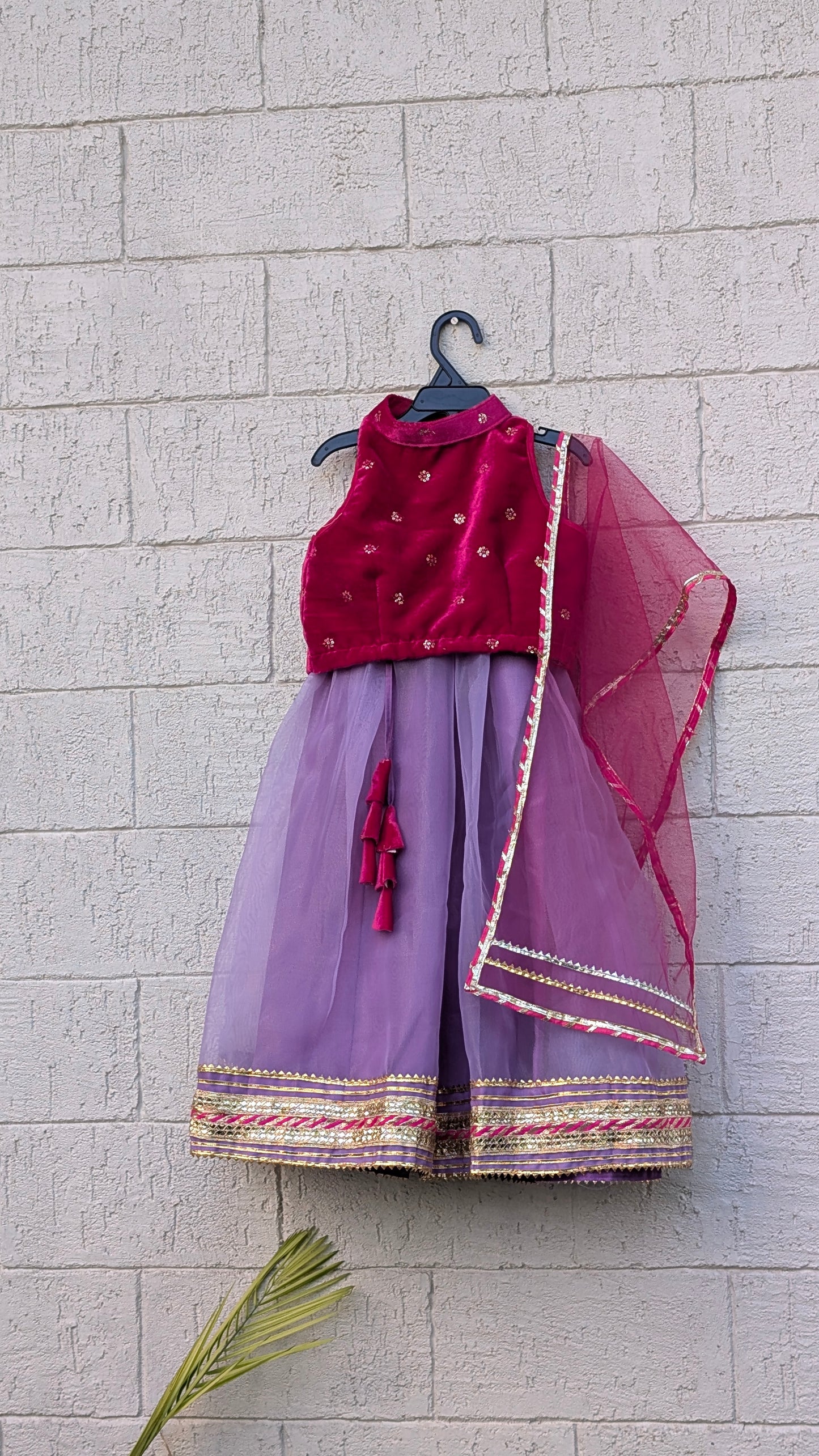 Purple Organza Lehenga with Pink Velvet Blouse for girls - set of 3